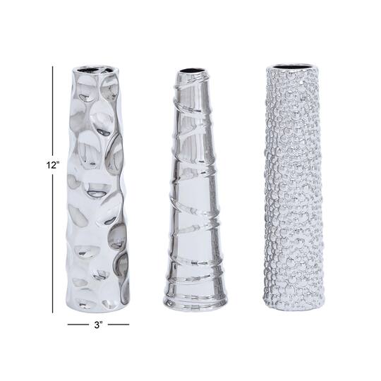 12" Silver Ceramic Abstract Glam Vase Set